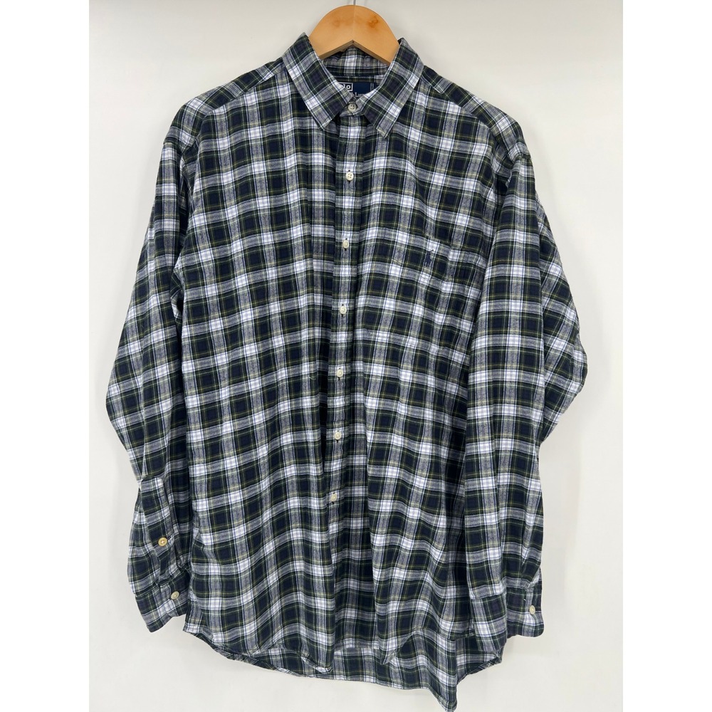 Polo Ralph Lauren Elliott Plaid Shirt Mens Large Cotton Navy Green White Vintage